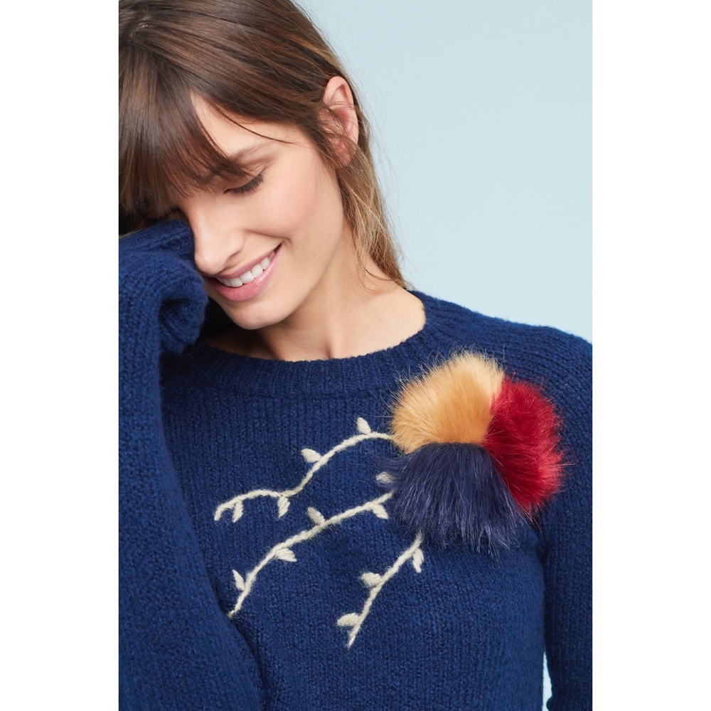 Anthropologie Navy Crewneck Sweater with Multicolor Pom Detail - Picture 2 of 8